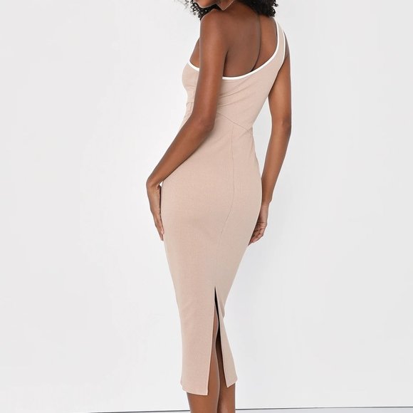 NWT Lulus Beige Color Block Ribbed One-Shoulder Midi Dress Small - Picture 7 of 7